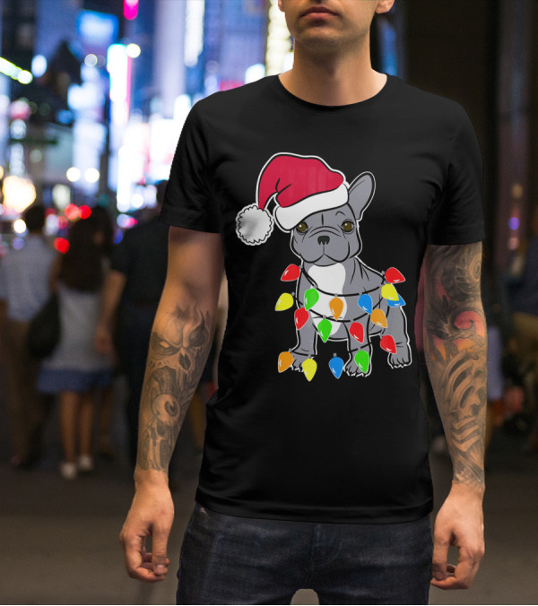 Santa French Bulldog With Christmas Lights T-Shirt
