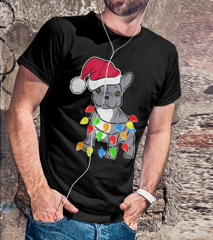 Santa French Bulldog With Christmas Lights T-Shirt