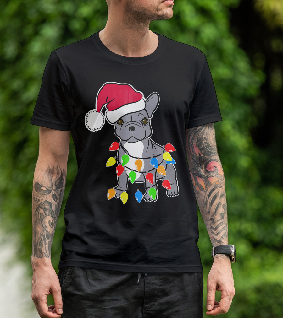 Santa French Bulldog With Christmas Lights T-Shirt