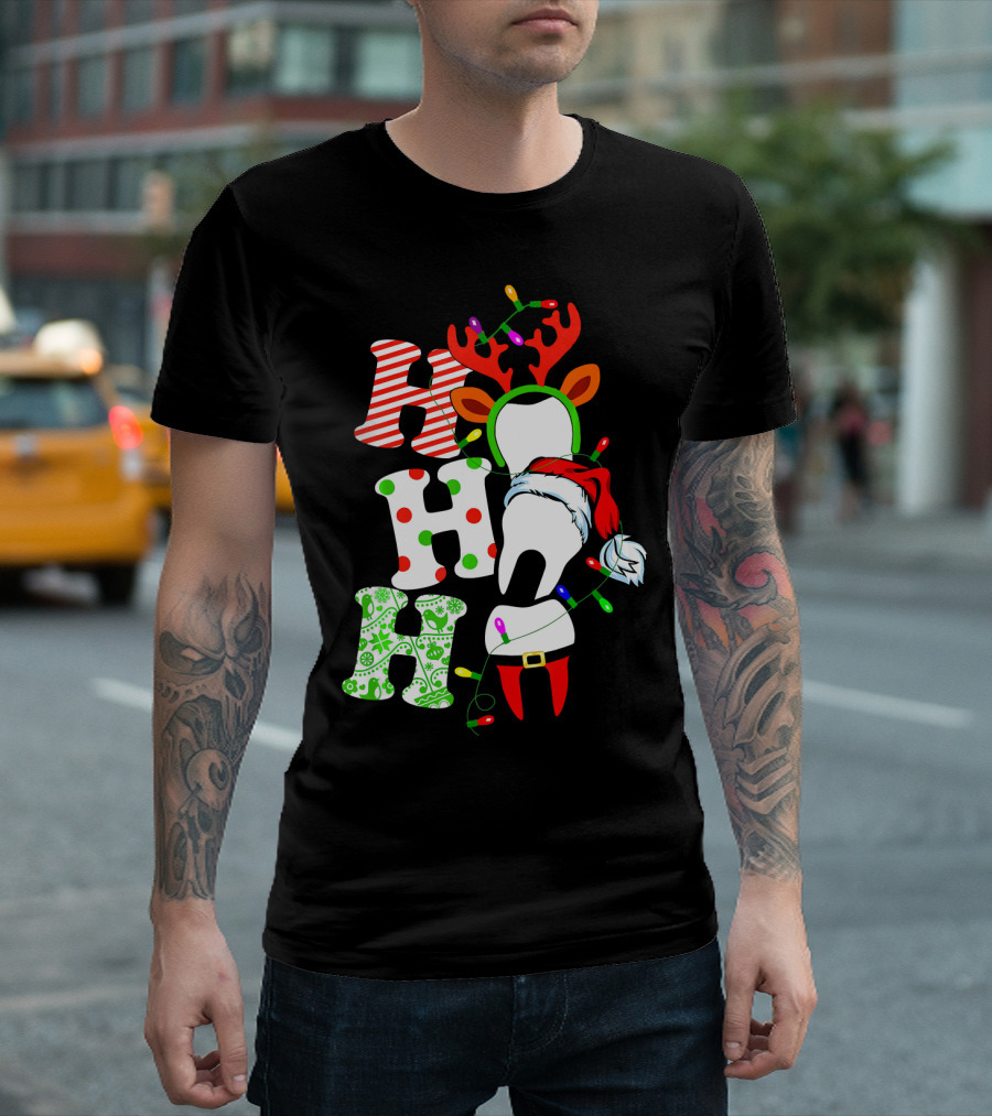 Ho Ho Ho Funny Santa Teeth Christmas Lights Reindeer Antlers T-Shirt