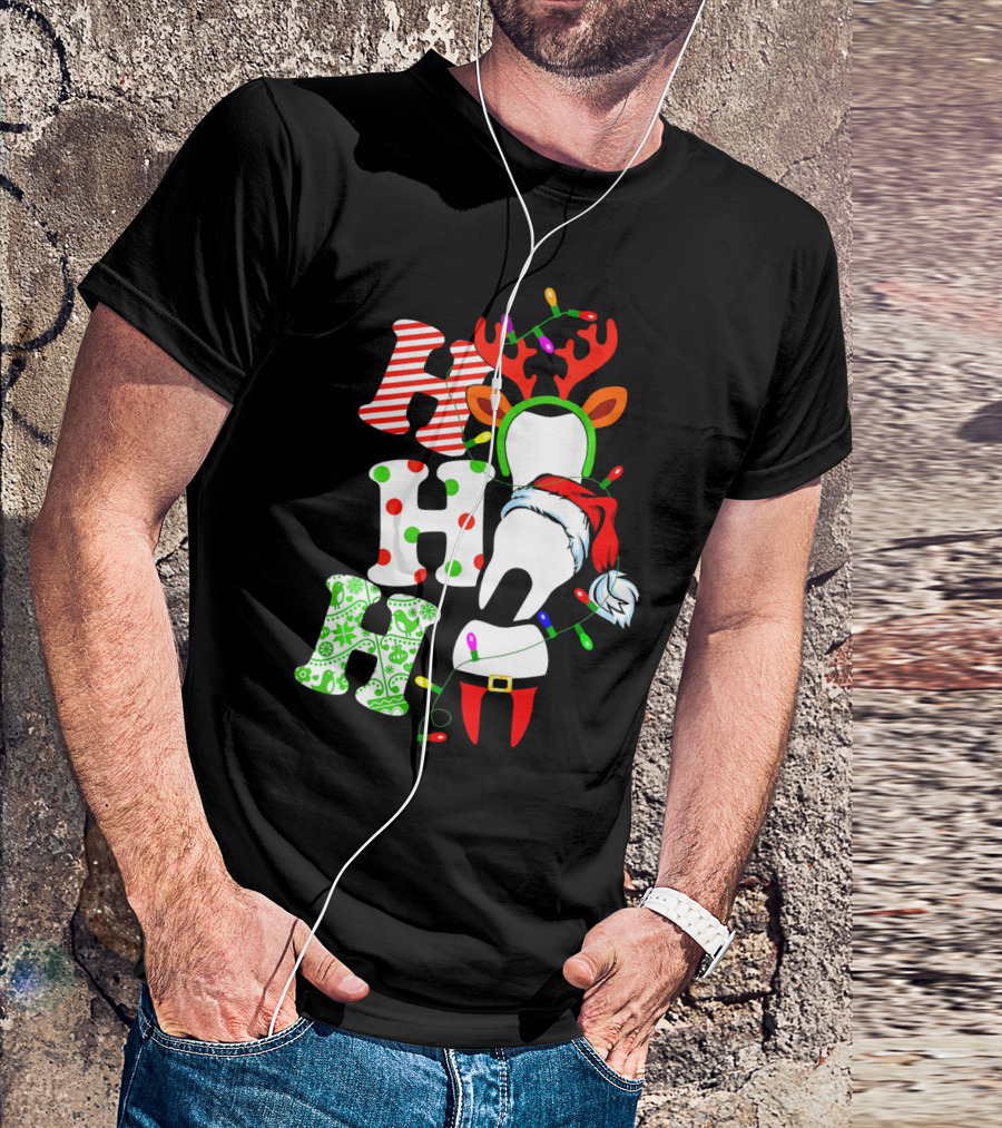 Ho Ho Ho Funny Santa Teeth Christmas Lights Reindeer Antlers T-Shirt