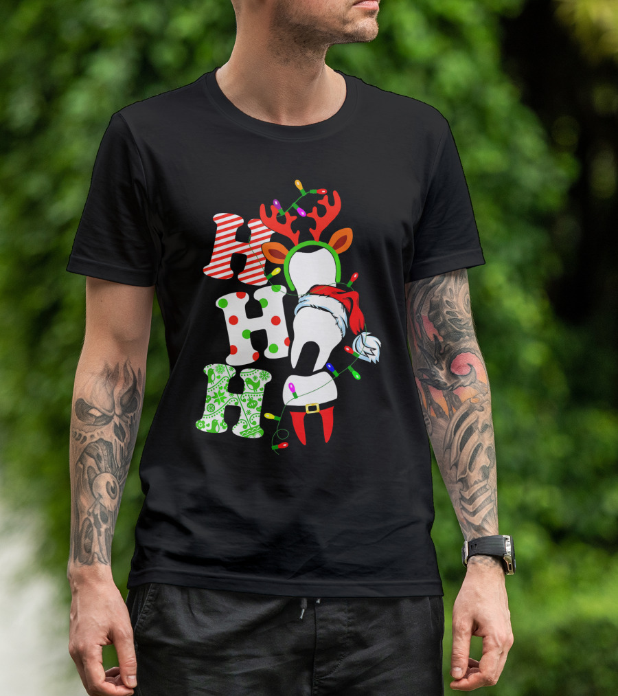 Ho Ho Ho Funny Santa Teeth Christmas Lights Reindeer Antlers T-Shirt