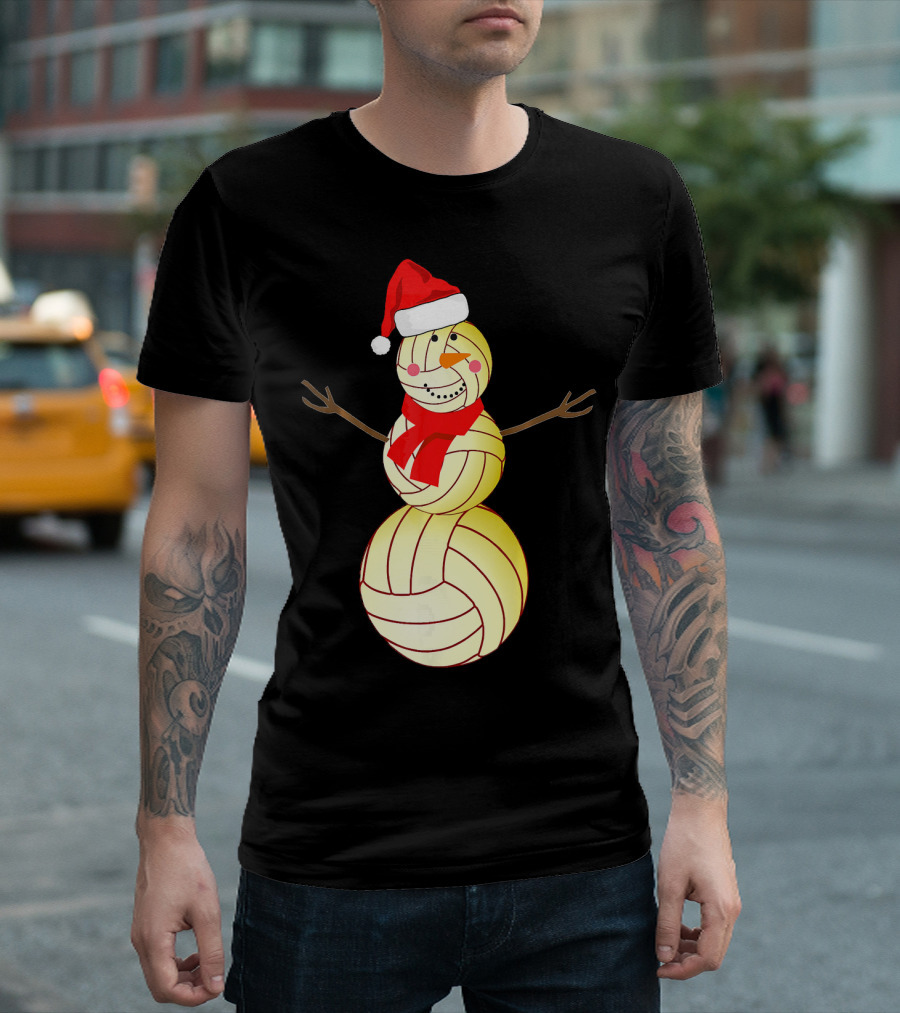 Funny Volleyball Snowman with Santa Hat and Scarf T-Shirt