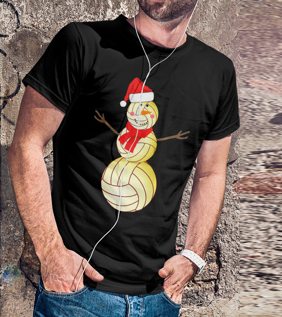 Funny Volleyball Snowman With Santa Hat And Scarf T-Shirt