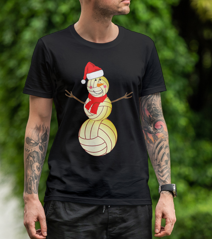 Funny Volleyball Snowman With Santa Hat And Scarf T-Shirt