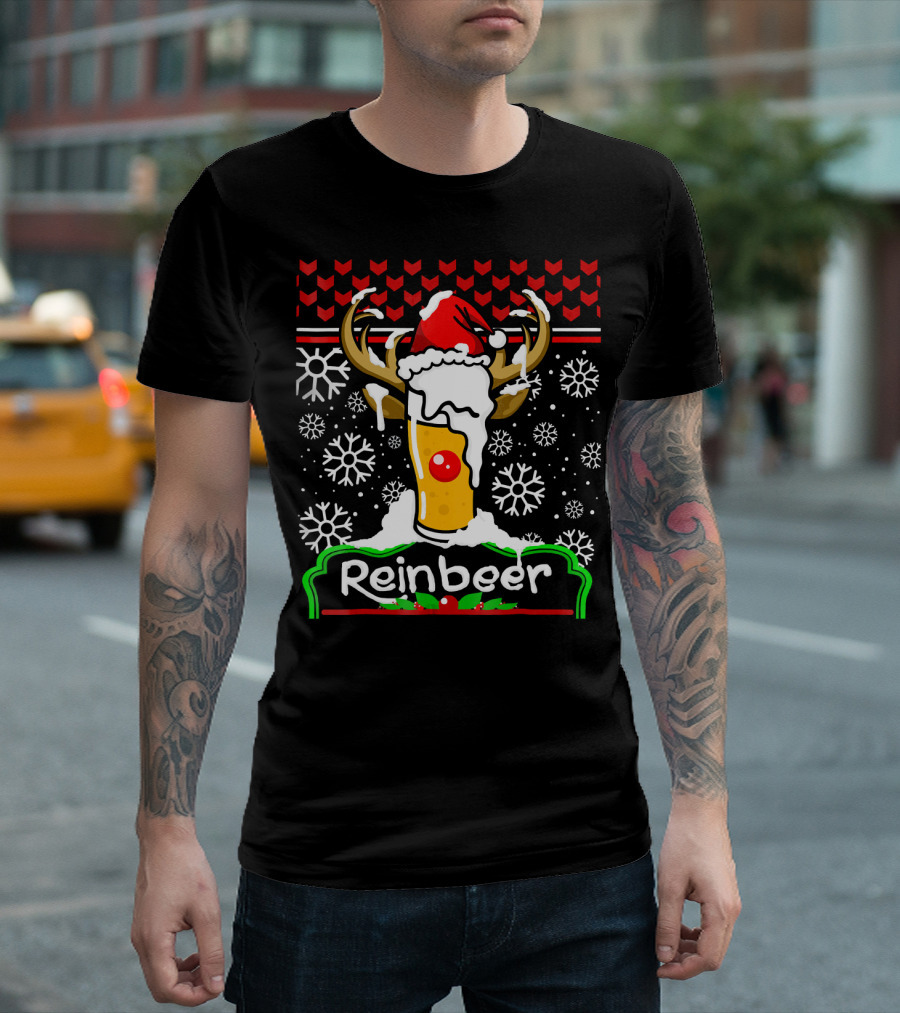 Reinbeer Santa Claus Antlers Snowflakes Holiday Cheer T-Shirt