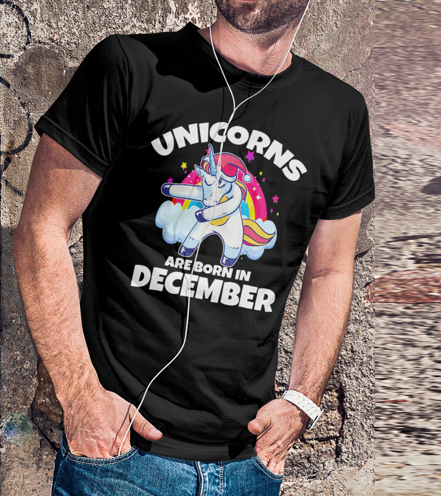 Unicorns Are Born In December Dabbing Unicorn Rainbow Stars Santa Hat T-Shirt
