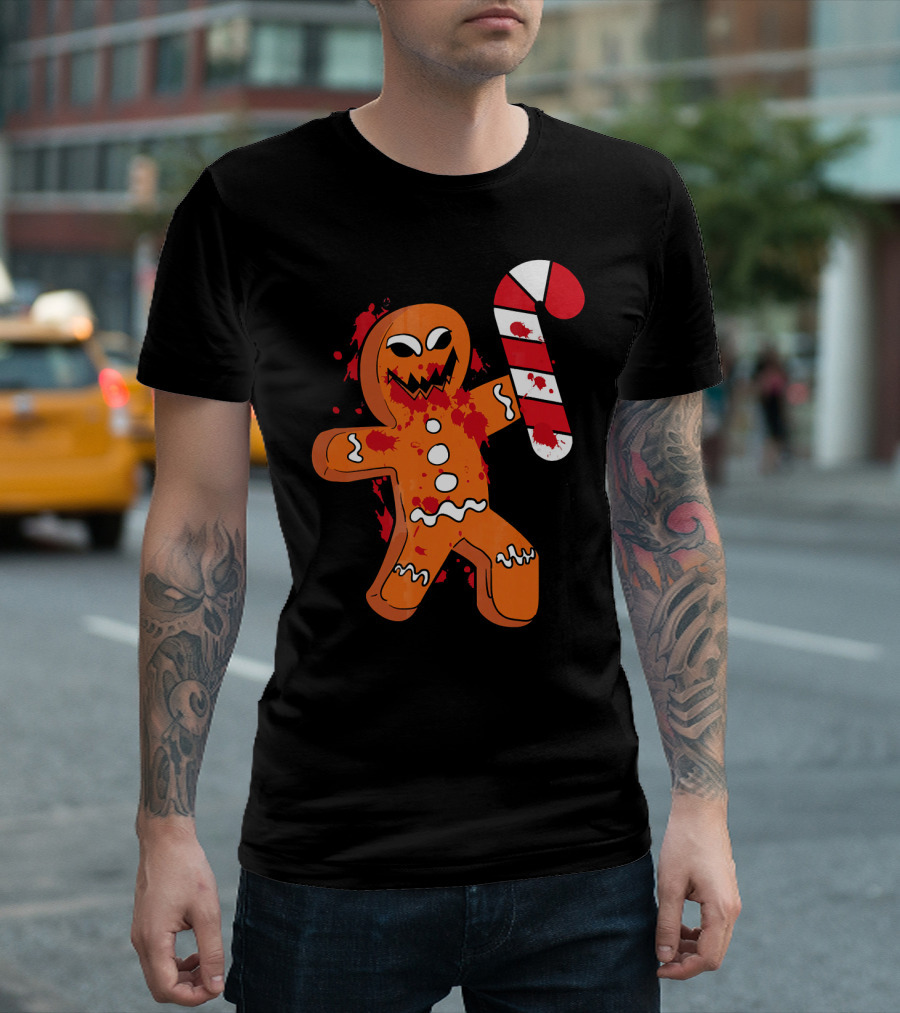 Christmas Horror Scary Gingerbread With Bloody Candy Cane T-Shirt