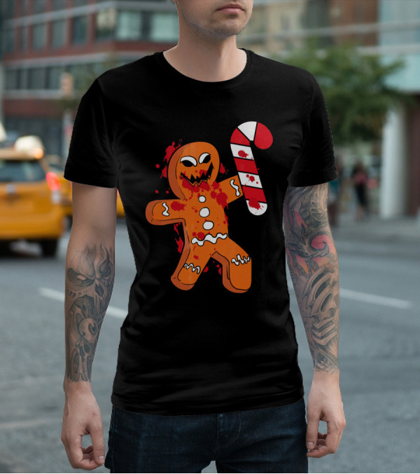 Christmas Horror Scary Gingerbread With Bloody Candy Cane T-Shirt