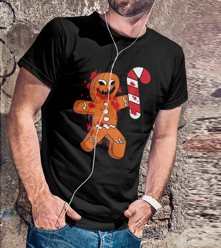 Christmas Horror Scary Gingerbread With Bloody Candy Cane T-Shirt