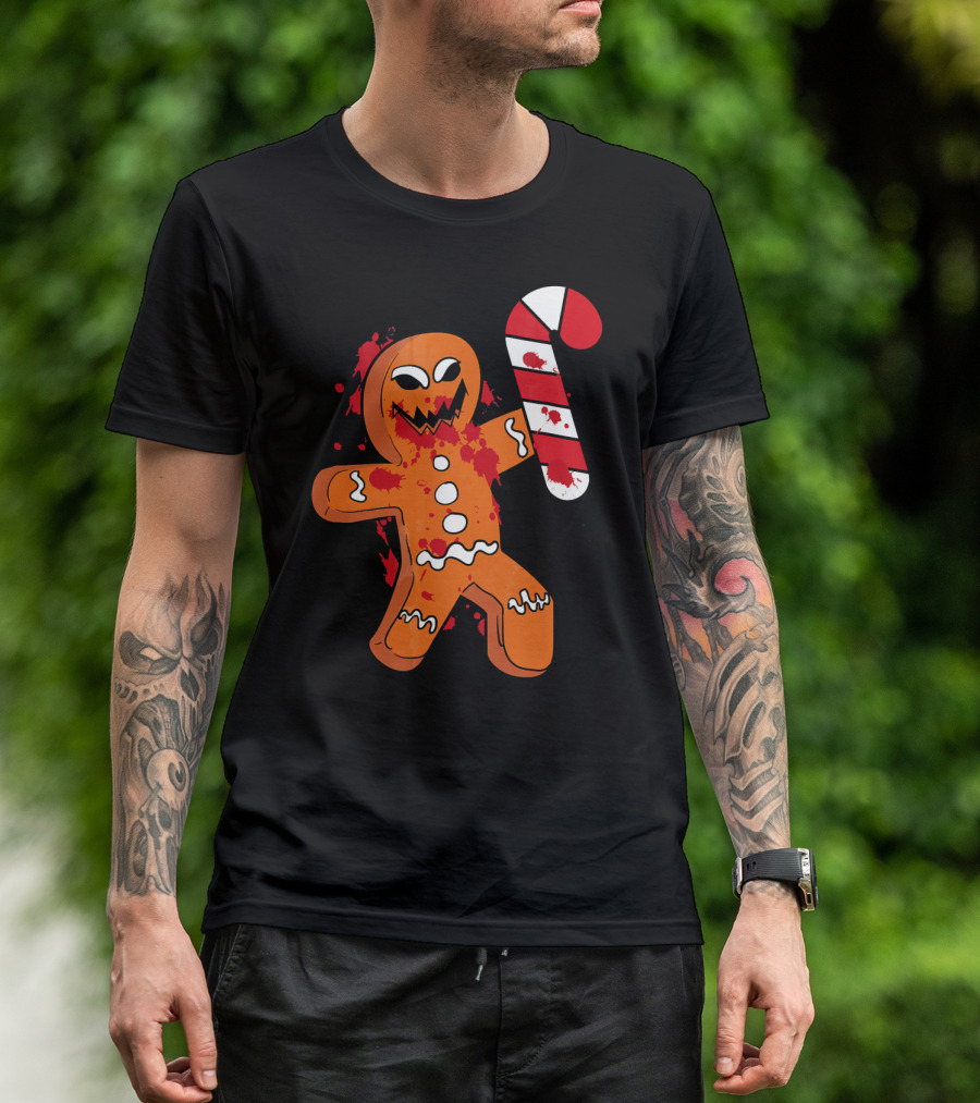 Christmas Horror Scary Gingerbread With Bloody Candy Cane T-Shirt