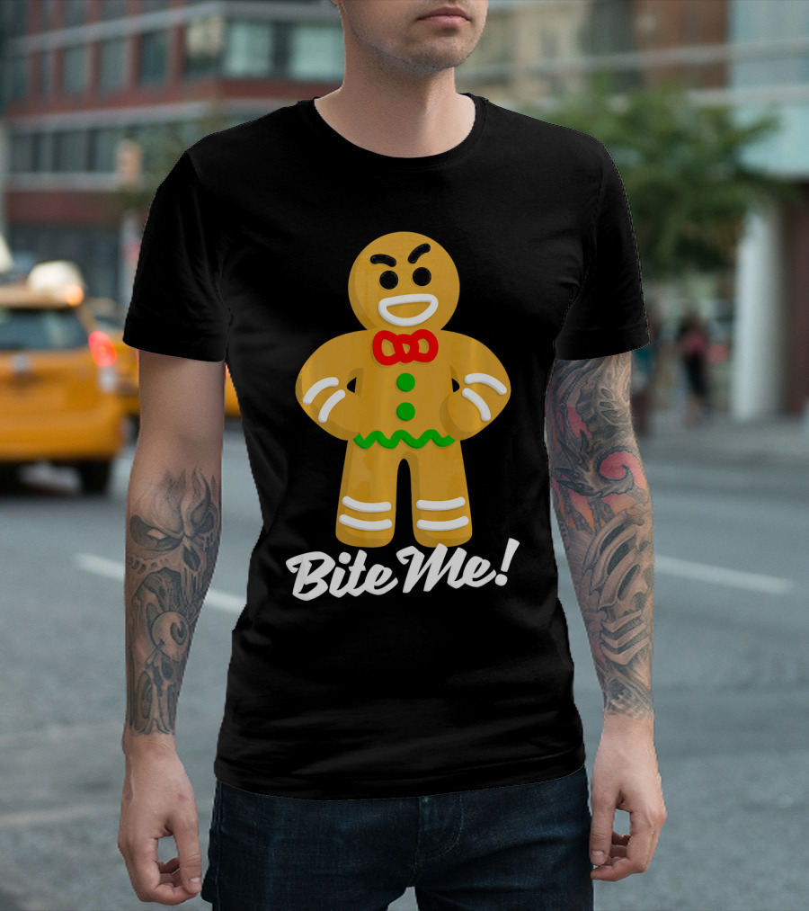 Funny Christmas Gingerbread Man Bite Me T-Shirt