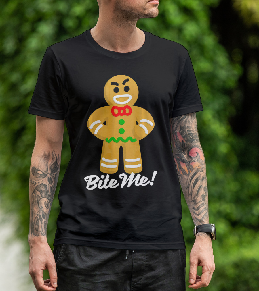 Funny Christmas Gingerbread Man Bite Me T-Shirt