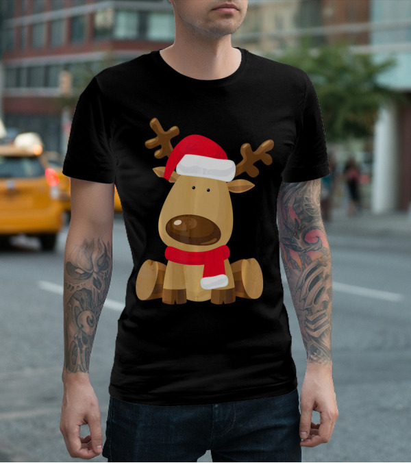 Adorable Festive Reindeer With Santa Hat And Scarf T-Shirt