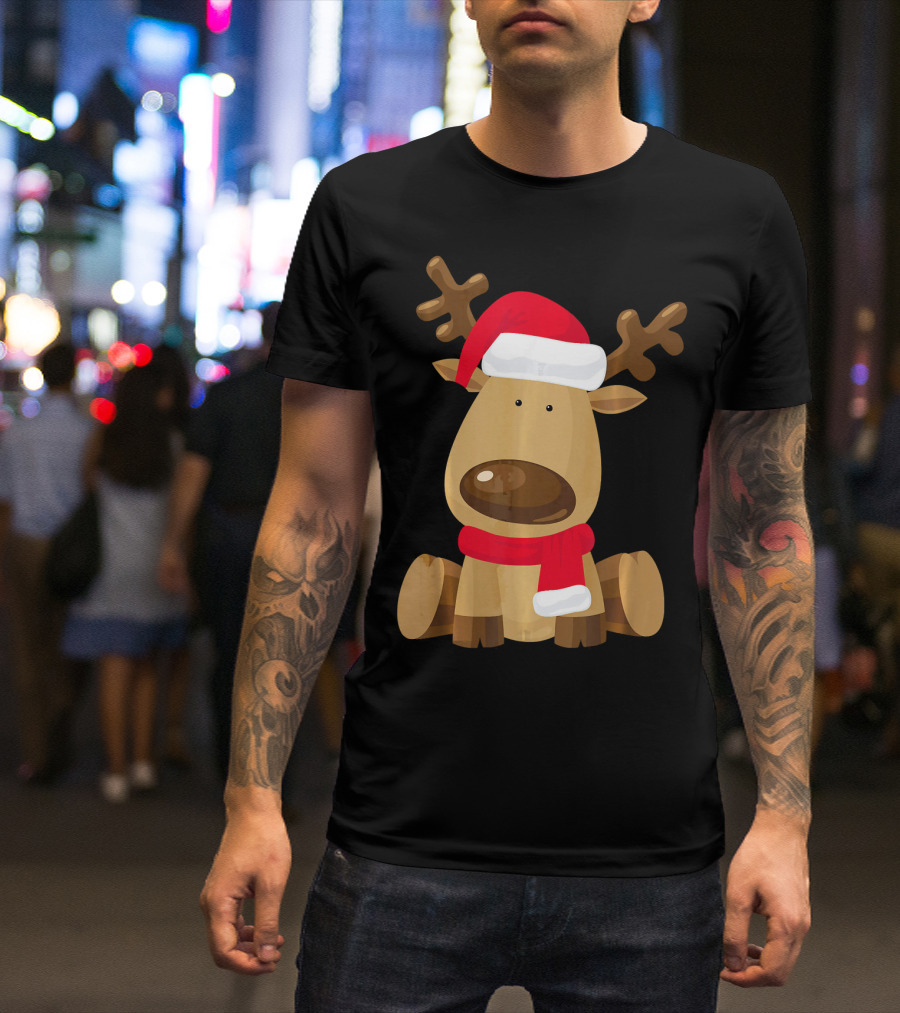 Adorable Festive Reindeer With Santa Hat And Scarf T-Shirt