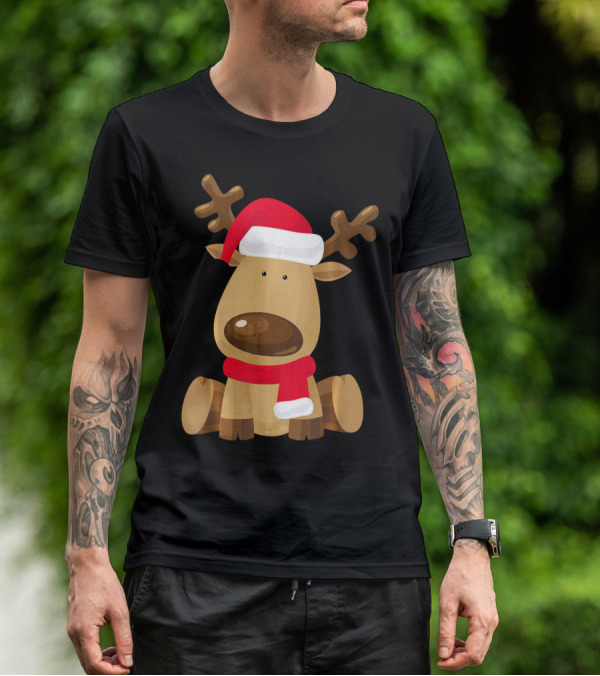 Adorable Festive Reindeer With Santa Hat And Scarf T-Shirt