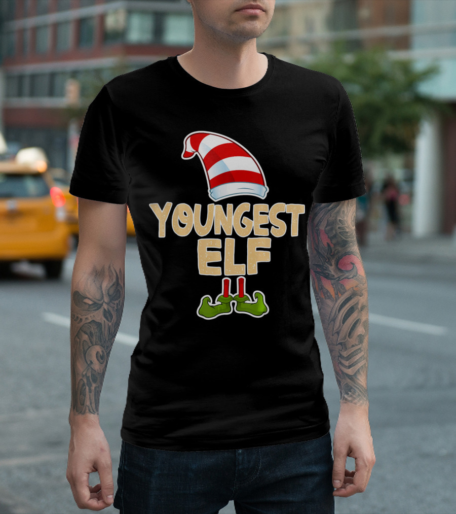 Youngest Elf Hat And Shoes Holiday Humor T-Shirt