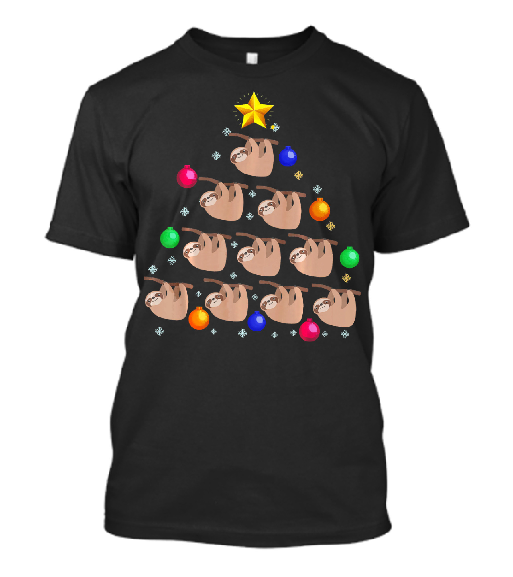 Sloth Hanging On Christmas Tree Ornaments With Star And Snowflakes T-Shirt