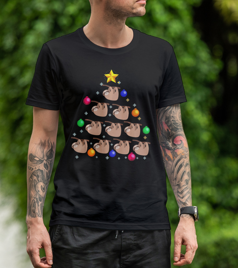 Sloth Hanging On Christmas Tree Ornaments With Star And Snowflakes T-Shirt