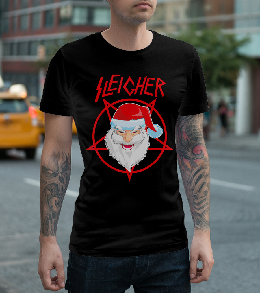 Sleigher Santa Claus Metal Christmas Coo Pentagram Santa Hat T-Shirt