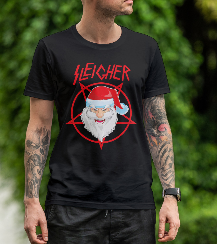 Sleigher Santa Claus Metal Christmas Coo Pentagram Santa Hat T-Shirt
