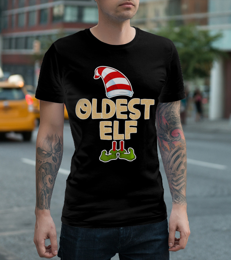 Oldest Elf Santa Hat Striped And Funny Green Shoes T-Shirt