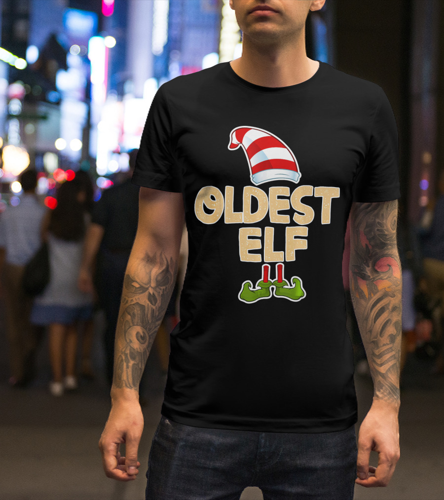Oldest Elf Santa Hat Striped And Funny Green Shoes T-Shirt