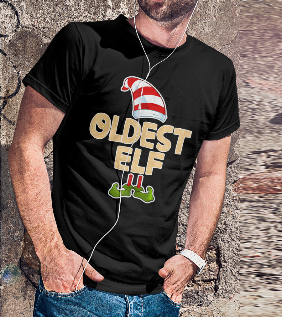 Oldest Elf Santa Hat Striped And Funny Green Shoes T-Shirt