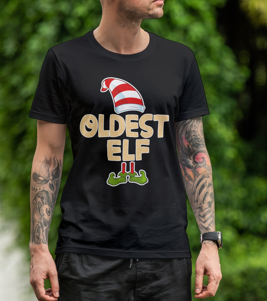 Oldest Elf Santa Hat Striped And Funny Green Shoes T-Shirt