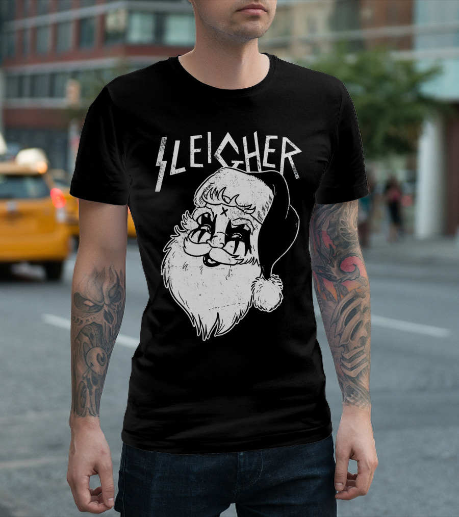 Sleigher Funny Christmas Black Metal Santa T-Shirt