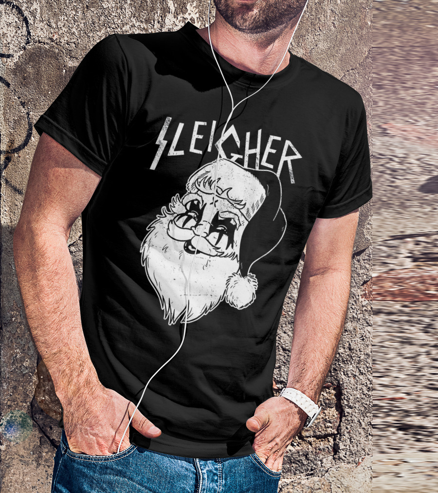 Sleigher Funny Christmas Black Metal Santa T-Shirt