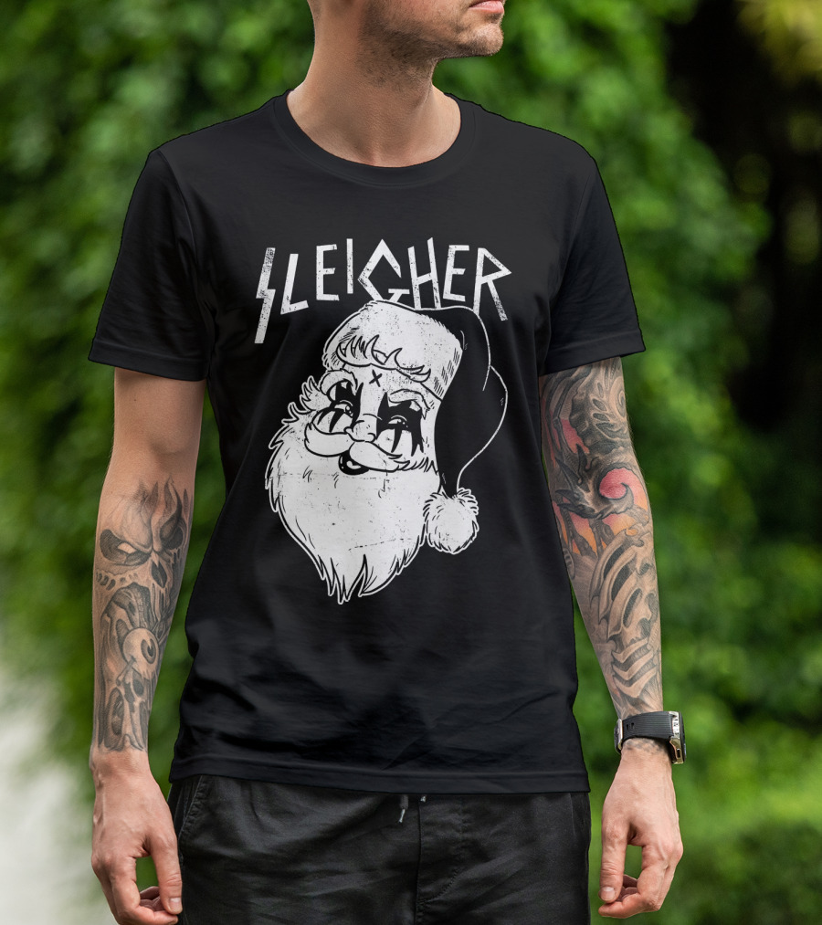 Sleigher Funny Christmas Black Metal Santa T-Shirt