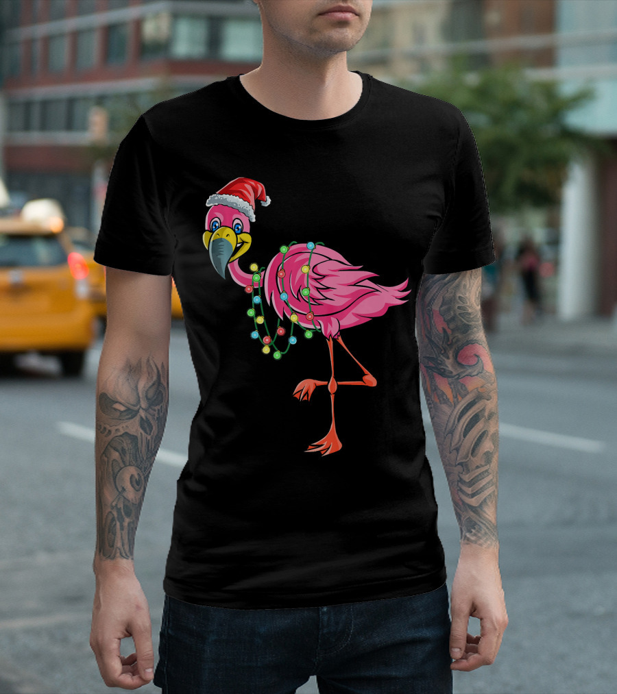 Christmas Flamingo Santa Hat Festive Lights Fun T-Shirt