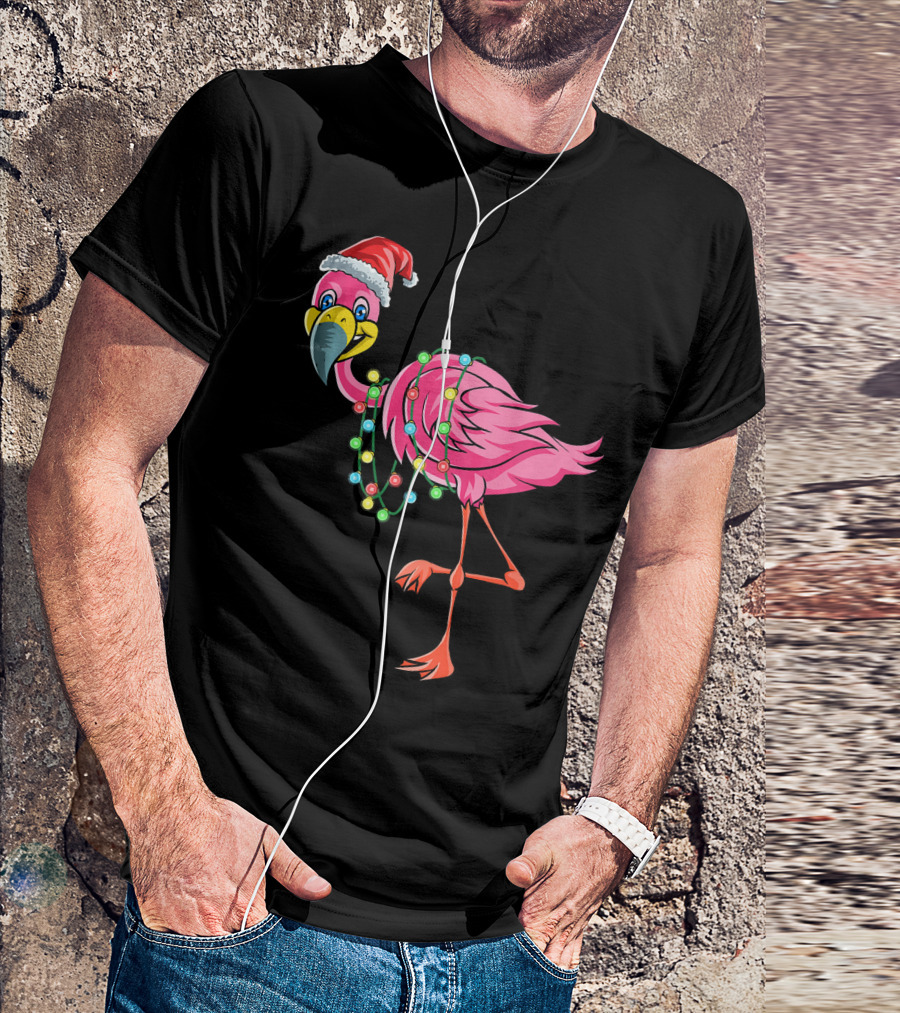Christmas Flamingo Santa Hat Festive Lights Fun T-Shirt