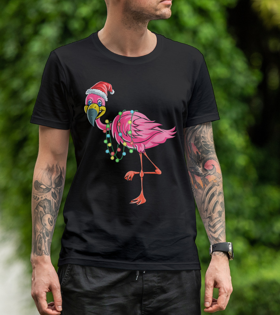 Christmas Flamingo Santa Hat Festive Lights Fun T-Shirt