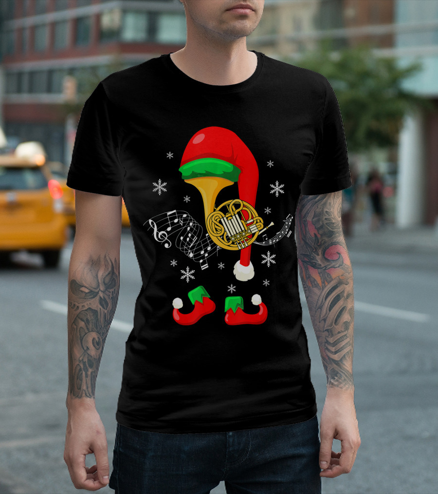 Elf French Horn Music with Christmas Hat and Shoes T-Shirt