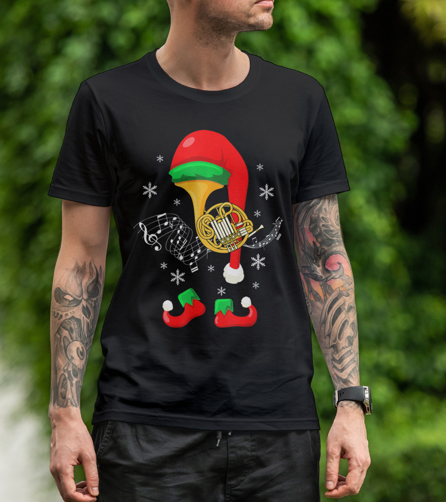 Elf French Horn Music With Christmas Hat And Shoes T-Shirt