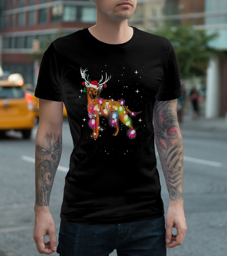 Christmas Lights Rhodesian Ridgeback Dog with Antlers Santa Hat T-Shirt
