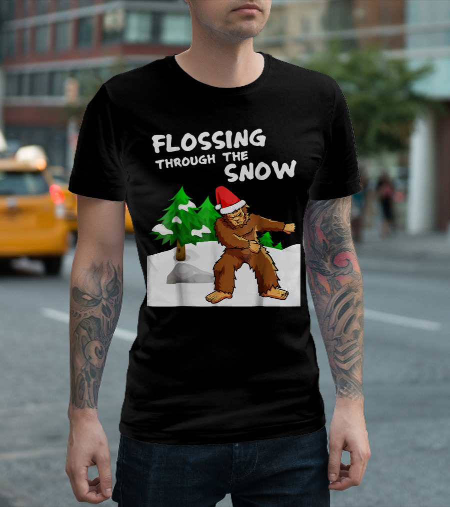 Flossing Through The Snow Bigfoot Santa Hat Winter Scene T-Shirt