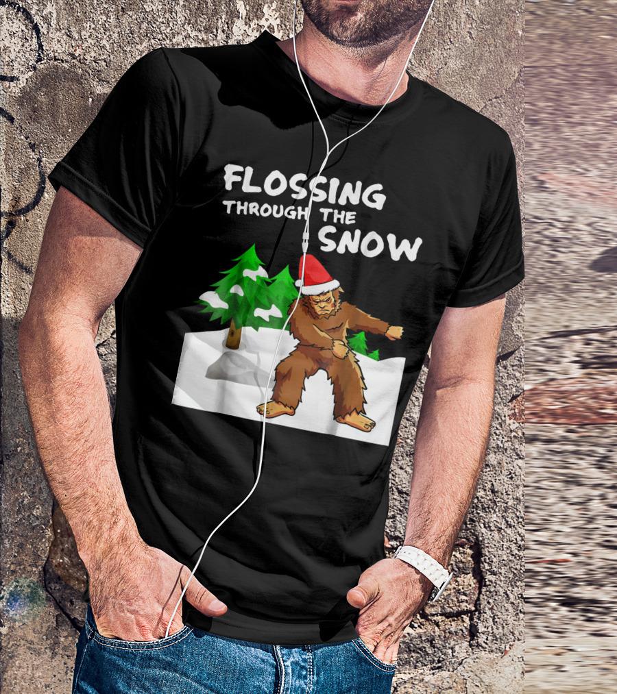 Flossing Through The Snow Bigfoot Santa Hat Winter Scene T-Shirt