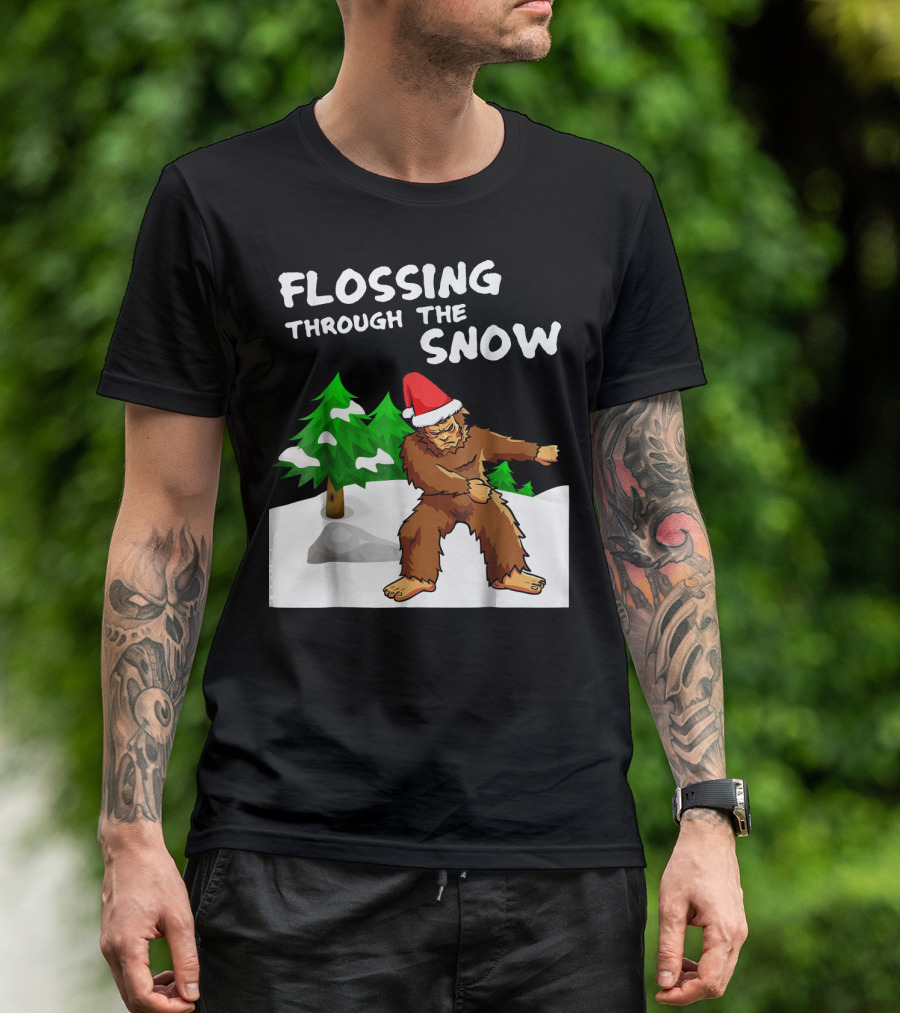 Flossing Through The Snow Bigfoot Santa Hat Winter Scene T-Shirt