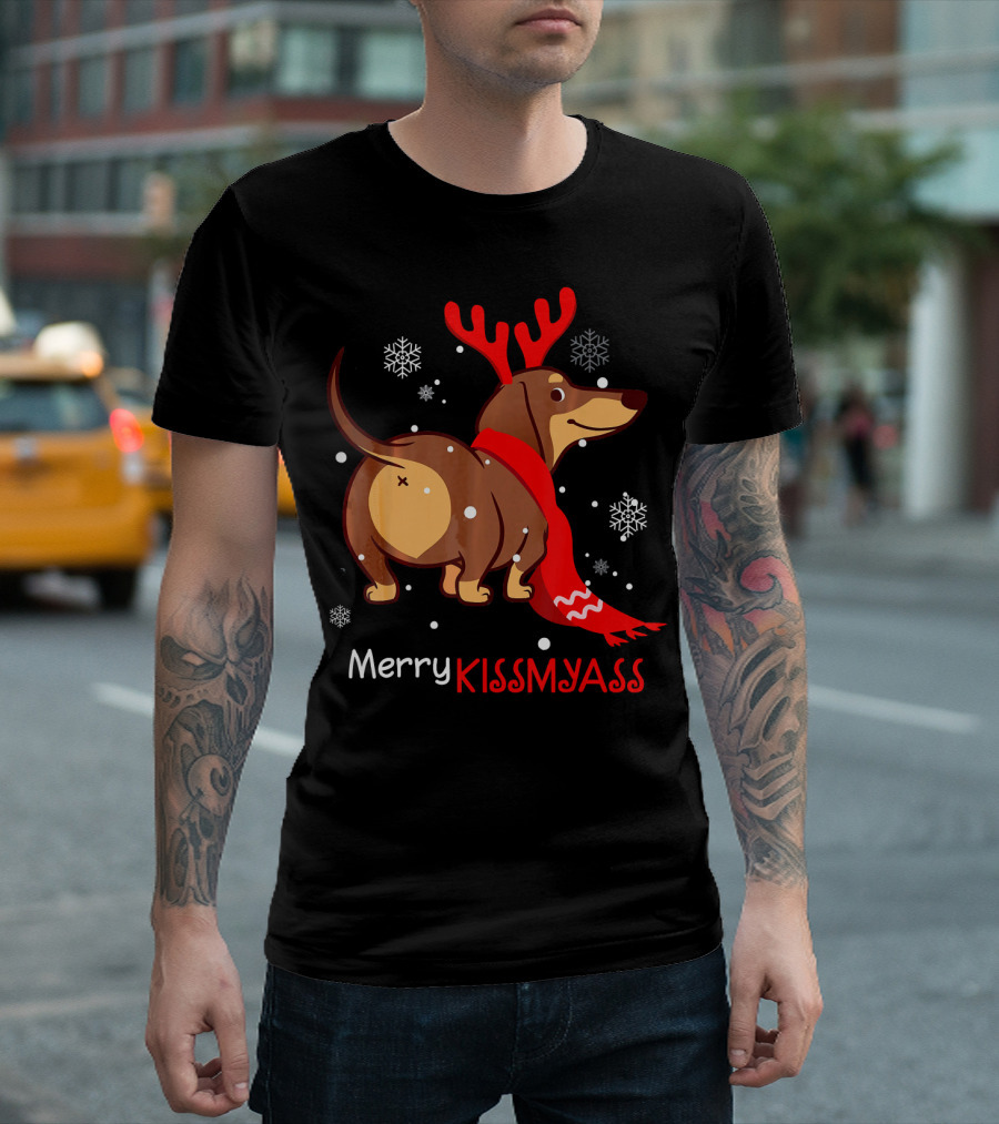 Funny Dog Dachshund Christmas Merry Kiss My Ass T-Shirt