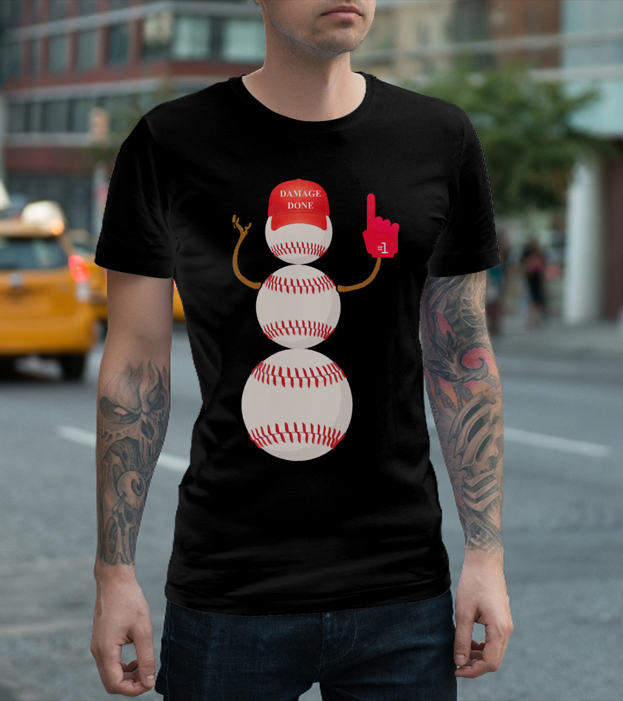 Damage Done Baseball Snowman With Red Cap And Foam Finger T-Shirt