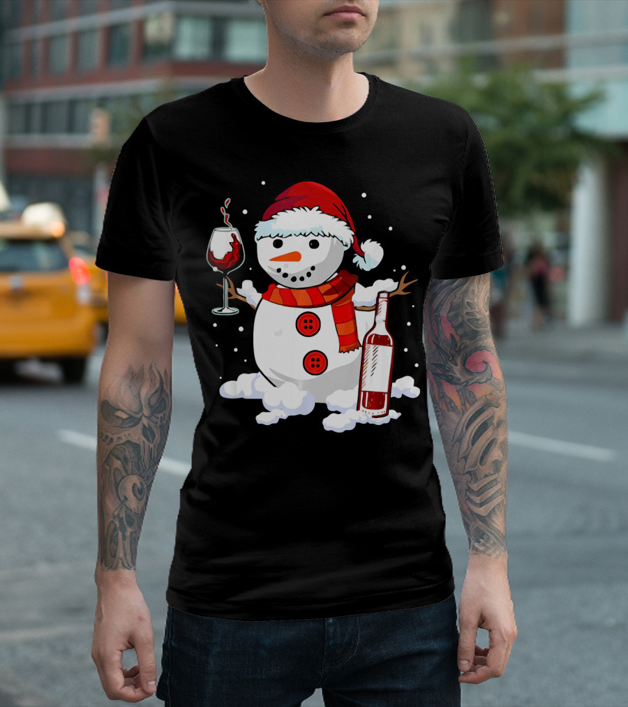Snowman with Santa Hat and Scarf Holding Wine Glass and Bottle Christmas Drinking T-Shirt