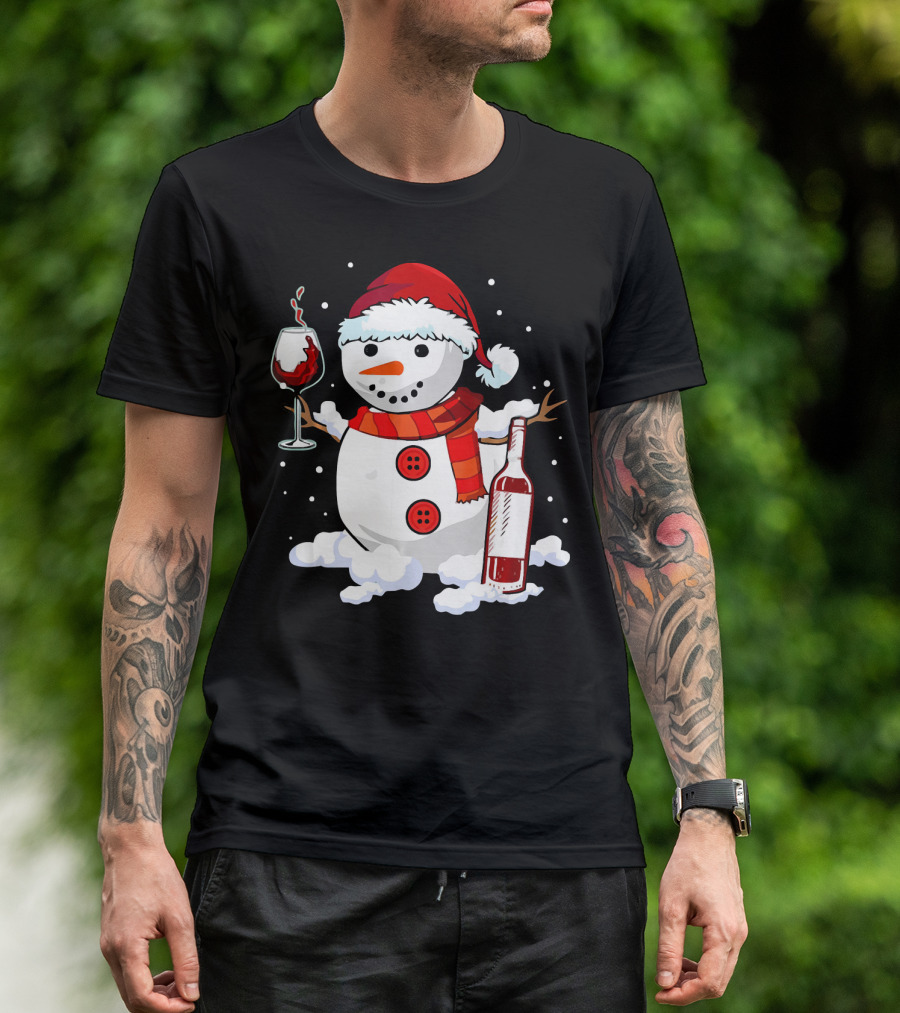 Snowman With Santa Hat And Scarf Holding Wine Glass And Bottle Christmas Drinking T-Shirt