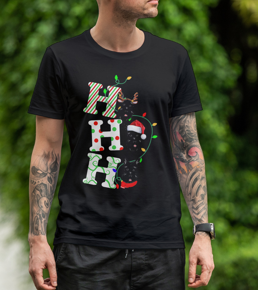 Scottish Terrier Ho Ho Ho Christmas Lights Santa Hat And Antlers T-Shirt
