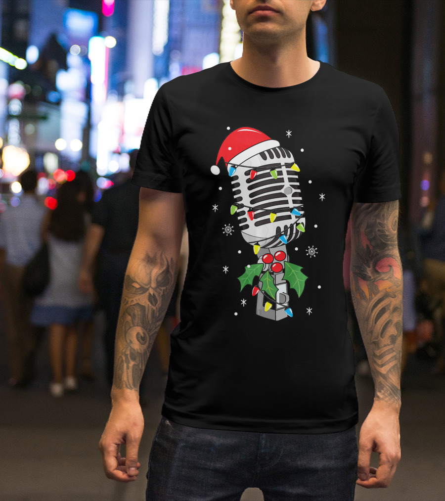Retro Microphone With Santa Hat And Holiday Lights T-Shirt
