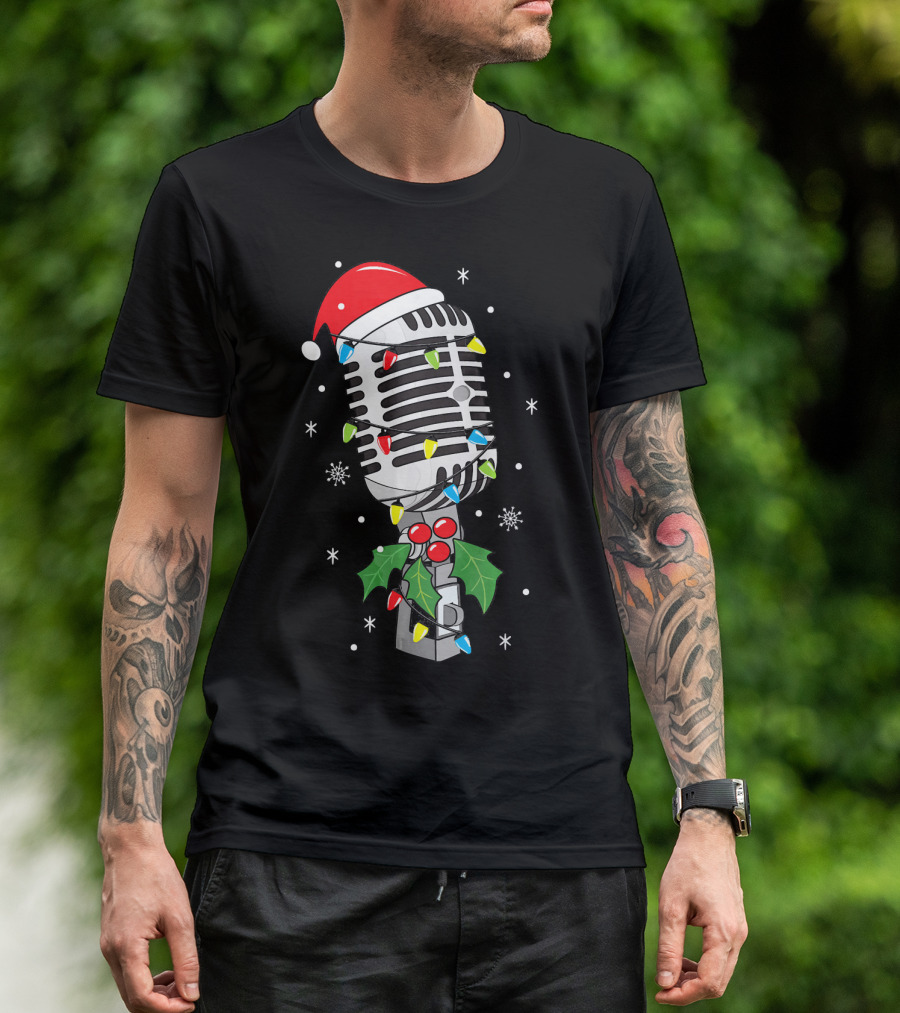 Retro Microphone With Santa Hat And Holiday Lights T-Shirt