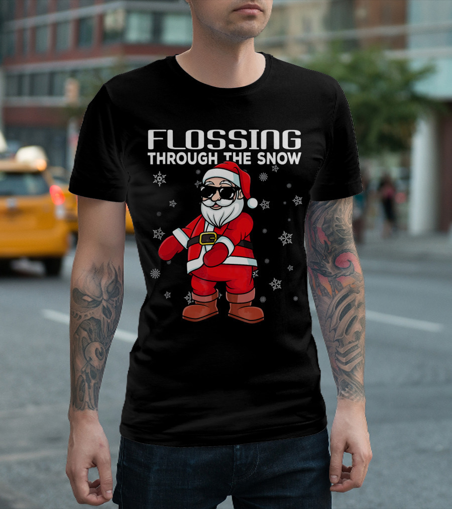 Flossing Through the Snow Santa in Sunglasses and Snowflakes T-Shirt