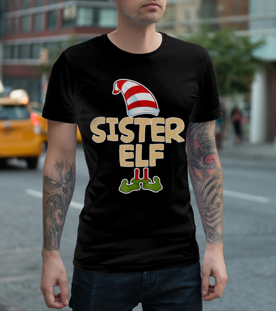 Sister Elf Merry Funny Christmas Hat And Shoes T-Shirt
